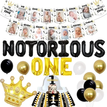 JOYMEMO Notorious One Украшения на 1-й День Рождения Для Мальчиков в стиле Хип-Хоп, Принадлежности Для Вечеринки на Первый День Рождения, Черный Золотой Набор Воздушных Шаров Notorious One