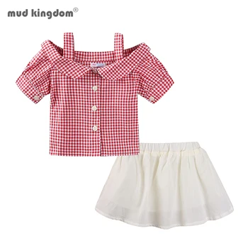 Mudkingdom/летний наряд для девочек, клетчатая блузка с открытыми плечами и льняная юбка, комплект элегантной одежды для девочек, Детская одежда
