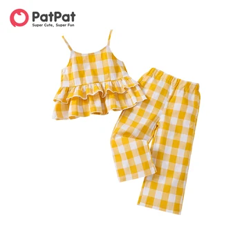 PatPat 2 шт., комплект из 100% хлопка для маленьких Девочек, Классический Клетчатый топ с оборками и брюк