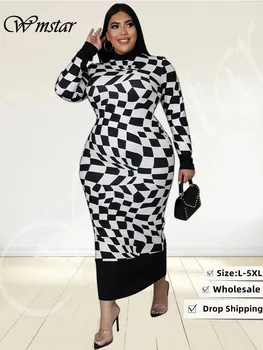 Wmstar/ Платья больших размеров для женщин, L-5xl, облегающее, стрейчевое, с длинным рукавом, модное винтажное платье Макси с принтом, Оптовая продажа, Прямая поставка
