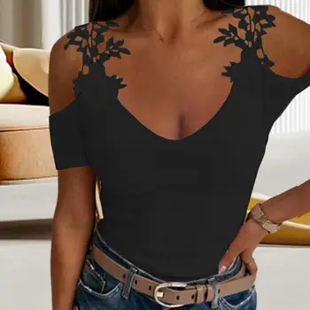 Блузка с U-образным вырезом, стильный женский кружевной топ с открытыми плечами в цветочек, приталенная блузка с U-образным вырезом для летнего модного приталенного женского топа