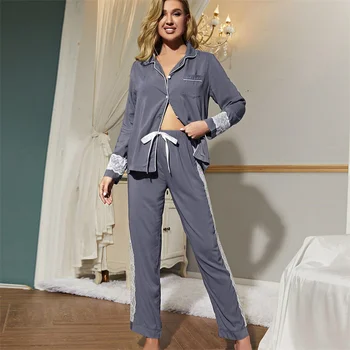 Женская пижама, весенне-осенние модные брюки с отворотом и длинными рукавами, Комплект удобной домашней одежды с сетчатой вышивкой, Повседневная домашняя одежда