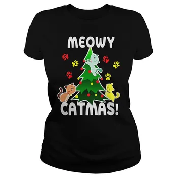 Женская футболка с изображением Рождественской елки Meowy Catmas