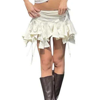 Женские сексуальные юбки в готическом стиле в стиле панк, однотонные мини-юбки с завязками на шнурках и оборками, модные короткие юбки, летние