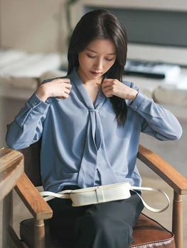 Женские Шифоновые рубашки CYNTHIA с V-образным вырезом, Женская Блузка на шнуровке с длинными рукавами для Весенне-летнего Офиса, Оригинальный дизайн 7-5