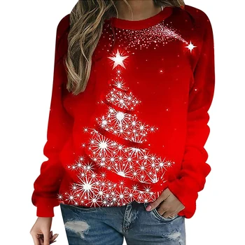 Женский повседневный свободный свитер с длинным рукавом, Модный пуловер с рождественским принтом и круглым вырезом, толстовка