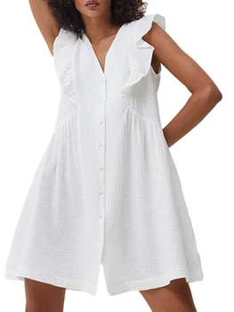 Женское летнее повседневное мини-платье ZZLBUF, однотонное, с оборками, без рукавов, с V-образным вырезом, на пуговицах, Свободное короткое платье