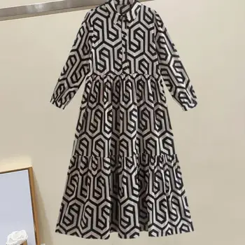 Женское платье в тон с геометрическим принтом, миди-платье трапециевидной формы, рукава три четверти, контрастный цвет, Стильная женская длина до середины икры
