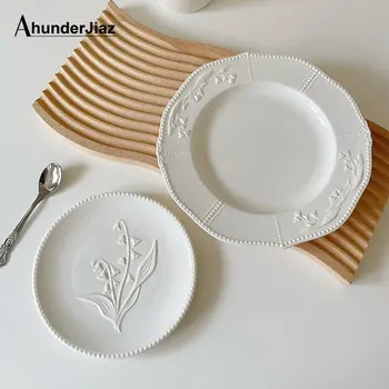 Керамическая обеденная тарелка с тиснением в стиле ретро, термостойкая тарелка для десерта, торта, Набор кухонной посуды, реквизит для фотографий