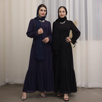Летнее Длинное платье, Женское Шифоновое платье с кружевной отделкой, Мусульманская Абая, Дубай, Турецкая исламская одежда, Халат Хиджаби, Элегантный однотонный