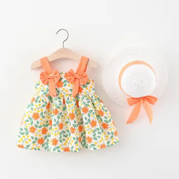 Летняя Одежда для новорожденных девочек, Платья для младенцев, Модный Милый Бант, Пляжное платье Принцессы с цветами + Солнцезащитная шляпа, Детская одежда