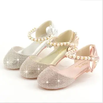 Модная детская кожаная обувь принцессы для девочек, блестящая детская обувь для девочек на высоком каблуке, бабочка с узлом, золото, Розовый, Серебристый