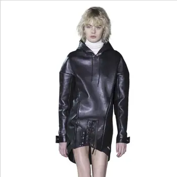 Модная длинная нерегулярная куртка из искусственной кожи с капюшоном чистого цвета, тонкая куртка из искусственной кожи, женские мотоциклетные куртки F2147