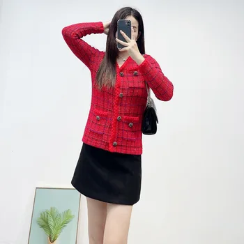 Модный женский кардиган в клетку красного цвета, длинные рукава, V-образный вырез, карманы в полоску, Хорошее качество, женские куртки, Пуловеры