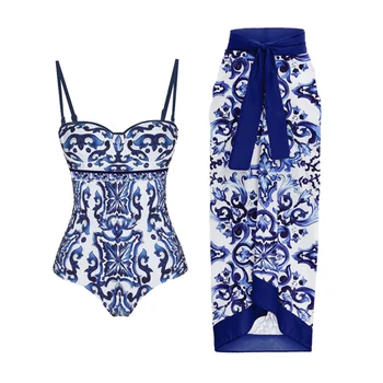 Модный цельный купальник-бикини синего цвета с принтом и юбкой, облегающий женский бандаж, летний Пляжный роскошный Элегантный