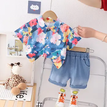 Новая Летняя Детская одежда для маленьких девочек и мальчиков, рубашка с пышными цветами, шорты, 2 шт./компл., детский хлопковый костюм для малышей 0-6 лет