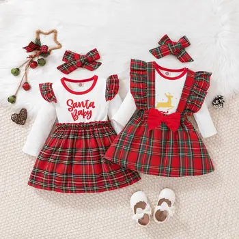 Новое Рождественское платье для маленьких девочек в стиле Сестры, Клетчатое платье с принтом английского алфавита, Рождественский наряд для девочек, Детская одежда для девочек