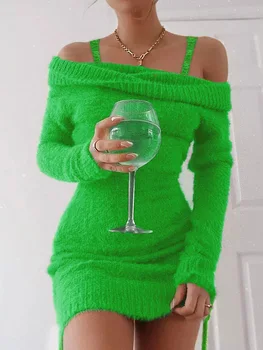 Облегающее платье-свитер с открытыми плечами, Зеленые женские платья, Вечернее платье Для женщин, Приталенное Повседневное платье с длинным рукавом, vestido feminino