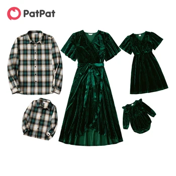 Одинаковые комплекты для семьи PatPat, Зеленые Бархатные Платья с оборками на шее и Клетчатые рубашки, семейные комплекты