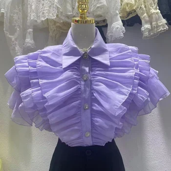 Отложной воротник, Однотонные Блузки в стиле Пэчворк с оборками, Летние Модные Блузы, Уменьшающие возраст, Изысканные Однобортные Рубашки