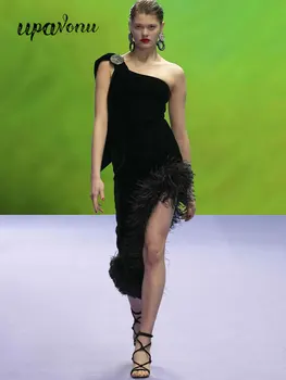 Сексуальное бандажное платье с перьями, Женский косой вырез, рукав на одно плечо с бриллиантовой пуговицей, Облегающее асимметричное платье Vestidos