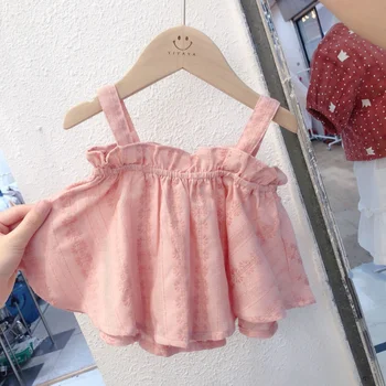 Хлопчатобумажный топ на бретелях для девочек в западном стиле, кукольная рубашка, летний жилет для девочек, детское розовое кружевное летнее платье