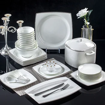 Цзиндэчжэньский керамический европейский набор высококачественной посуды, миска, тарелка, домашний костяной фарфор, комбинация серебряных краев тарелки