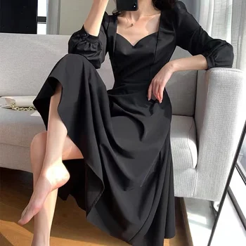 Черное платье, Женское Осеннее Новое Черное платье с длинным рукавом в стиле Хепберн, V-образный вырез, длина по щиколотку, длинное черное платье в корейском стиле в стиле ретро