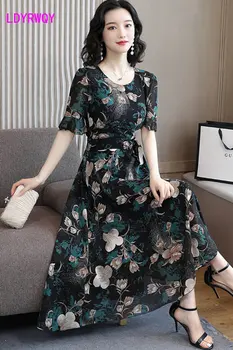 Шифоновое платье с коротким рукавом, женское летнее платье 2023, новый стиль, облегающий круглый вырез, сломанные цветы