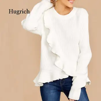 Элегантный женский однотонный белый пуловер с круглым вырезом и длинными рукавами, свитер, осень-зима, женский свитер, Женский джемпер для отдыха